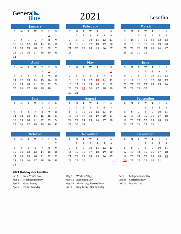 Lesotho 2021 Calendar with Holidays
