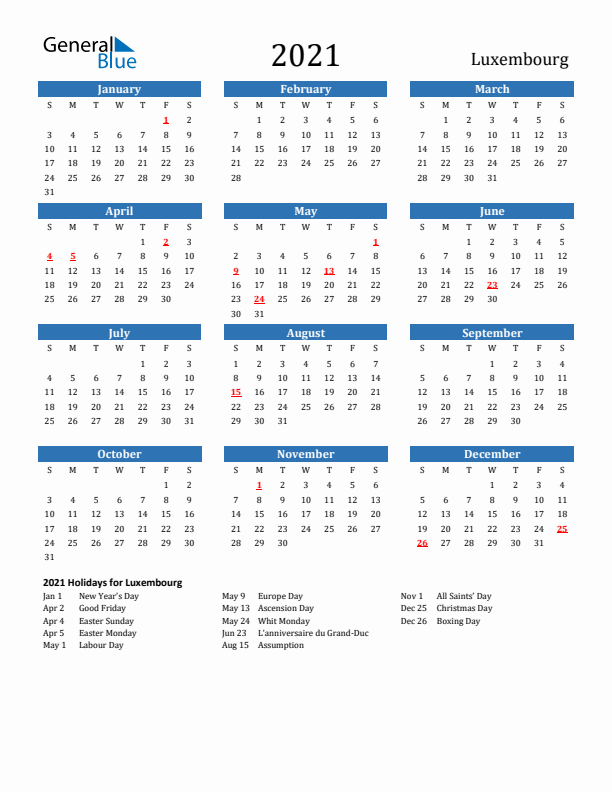Luxembourg 2021 Calendar with Holidays