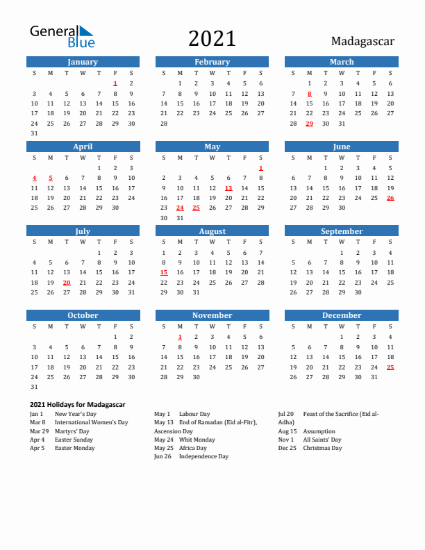 Madagascar 2021 Calendar with Holidays