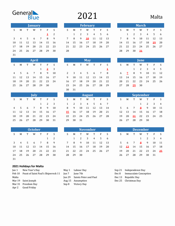Malta 2021 Calendar with Holidays
