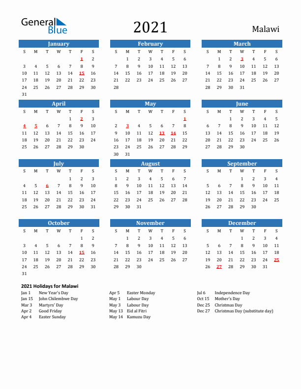 Malawi 2021 Calendar with Holidays