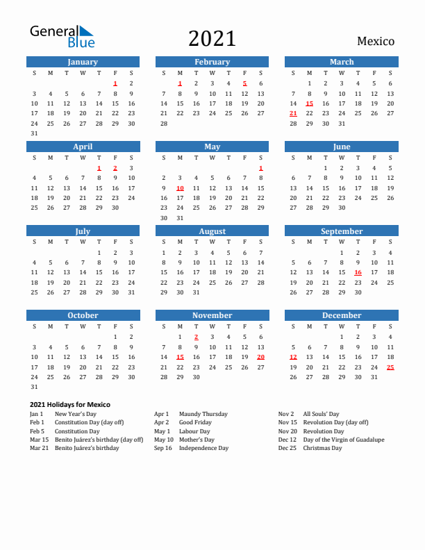 Mexico 2021 Calendar with Holidays