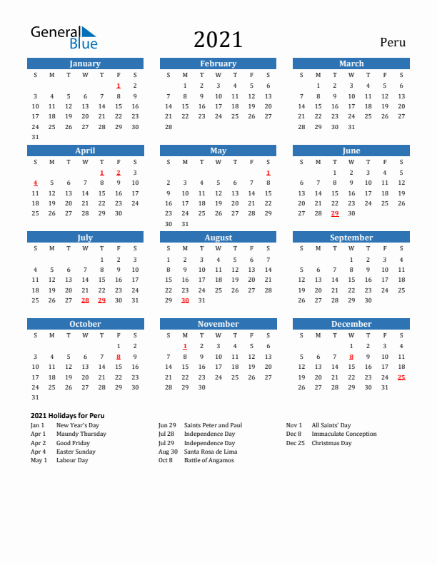 Peru 2021 Calendar with Holidays