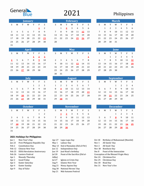 Philippines 2021 Calendar with Holidays