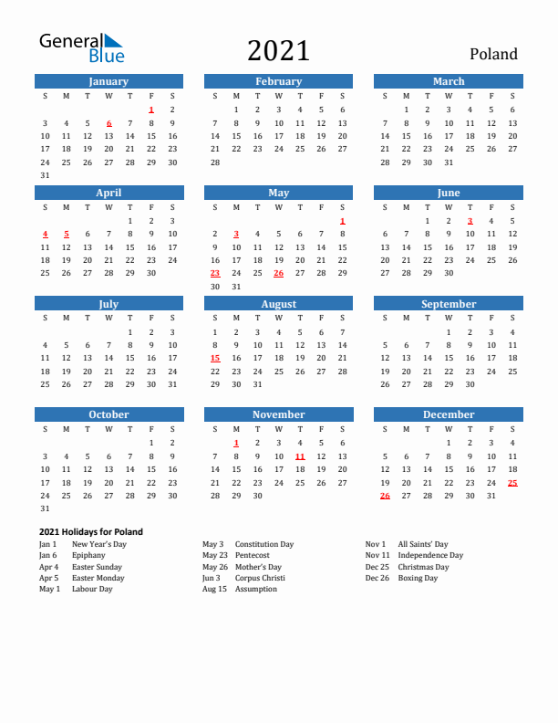 Poland 2021 Calendar with Holidays