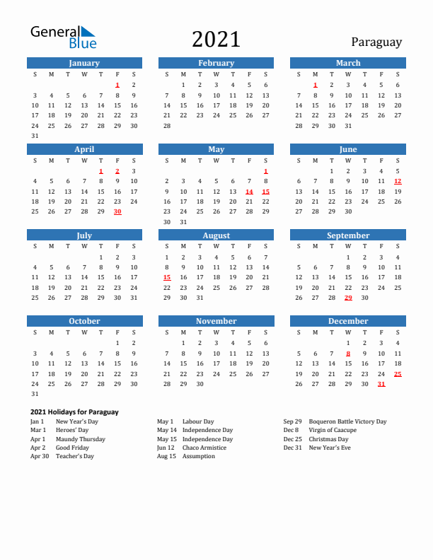 Paraguay 2021 Calendar with Holidays