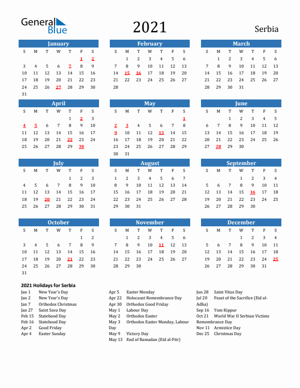 Serbia 2021 Calendar with Holidays