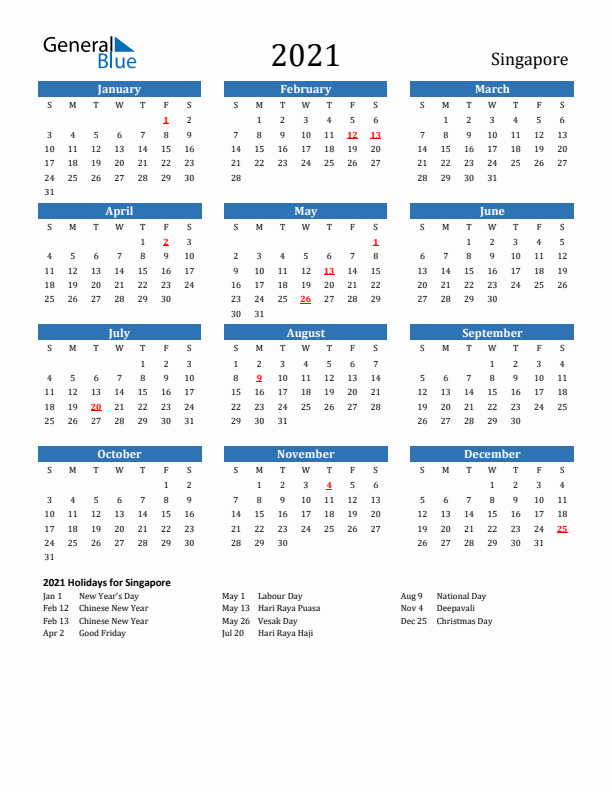 Singapore 2021 Calendar with Holidays