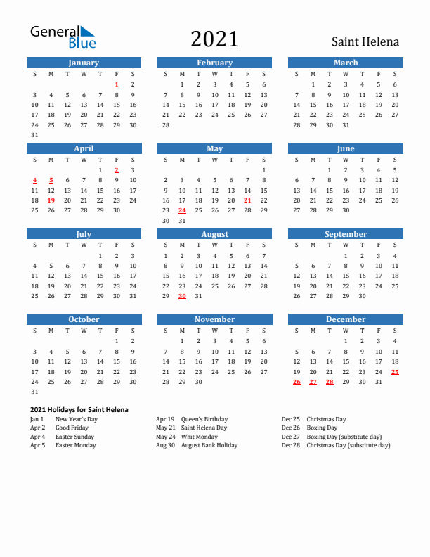 Saint Helena 2021 Calendar with Holidays