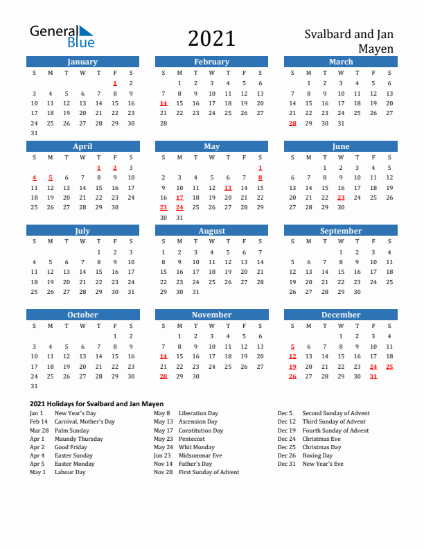 Svalbard and Jan Mayen 2021 Calendar with Holidays