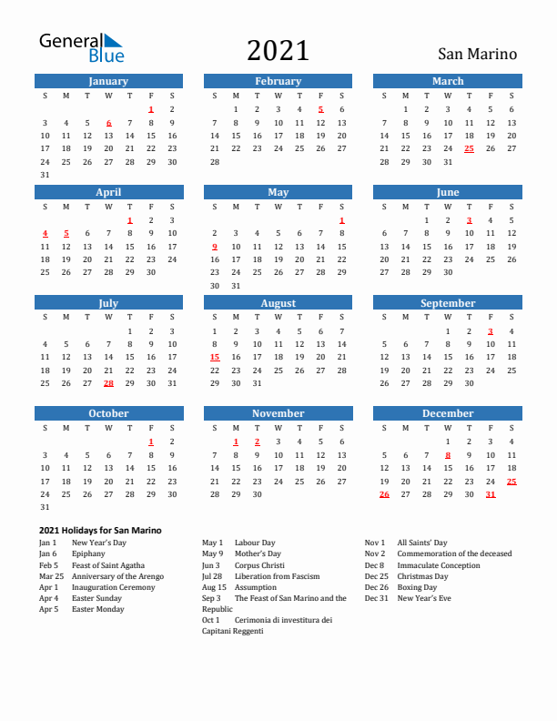 San Marino 2021 Calendar with Holidays