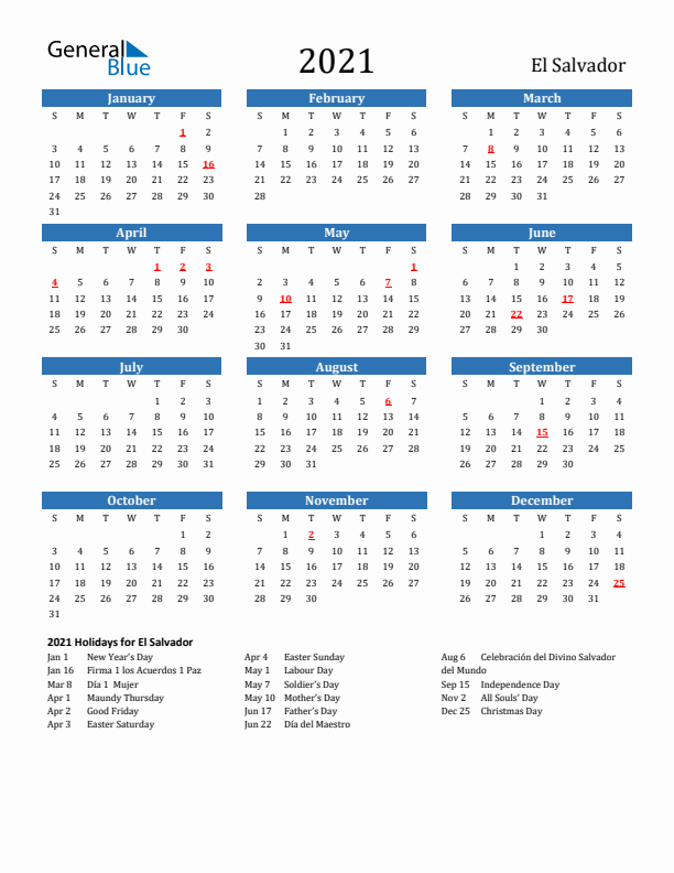 El Salvador 2021 Calendar with Holidays