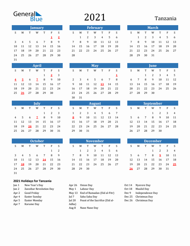Tanzania 2021 Calendar with Holidays