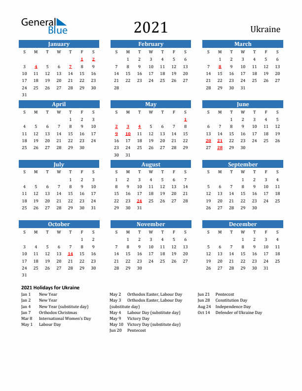 Ukraine 2021 Calendar with Holidays