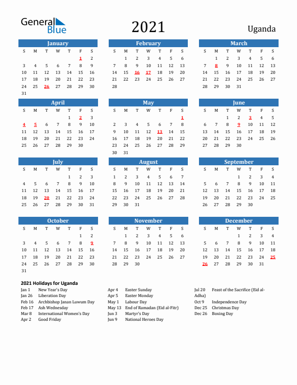 Uganda 2021 Calendar with Holidays