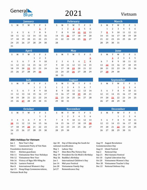 Vietnam 2021 Calendar with Holidays