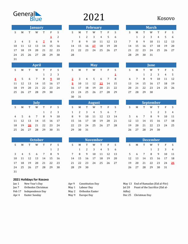 Kosovo 2021 Calendar with Holidays