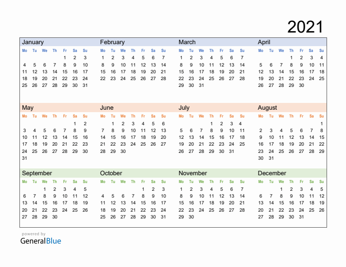 Free Downloadable 2021 Yearly Calendar Template 