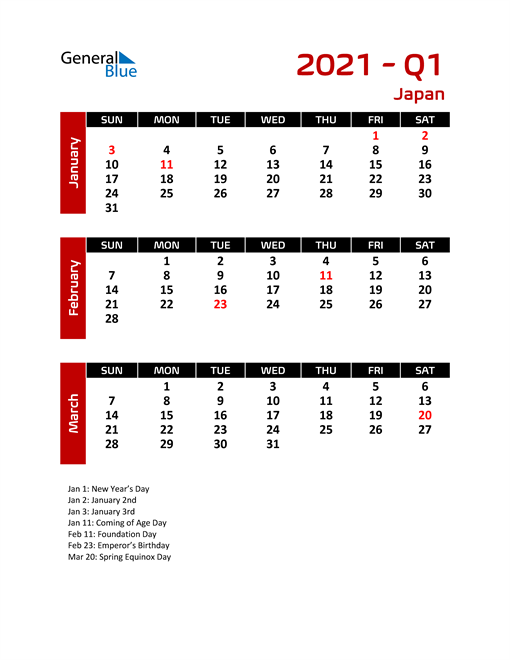  Q1 2021 Calendar with Holidays