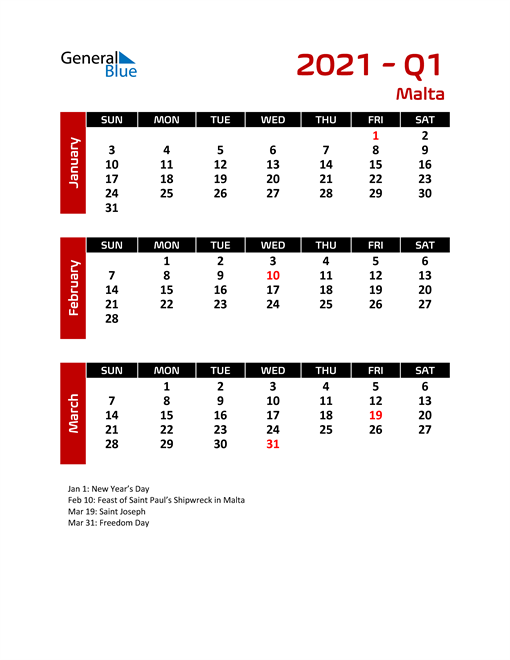  Q1 2021 Calendar with Holidays