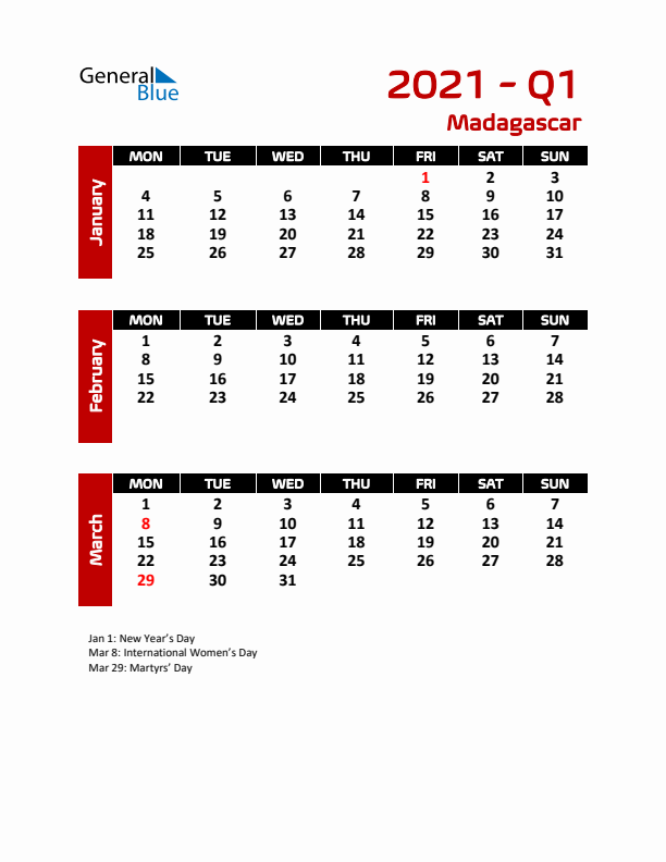 Q1 2021 Calendar with Holidays