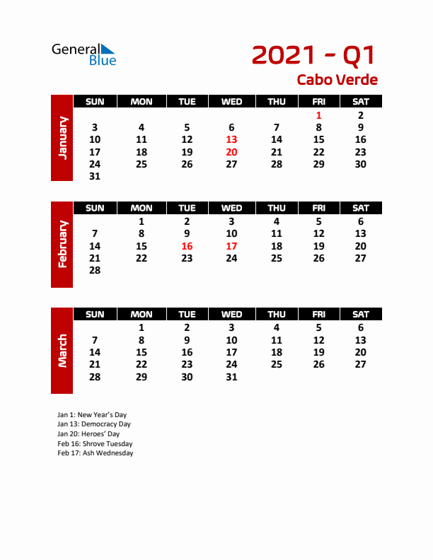 Q1 2021 Calendar with Holidays