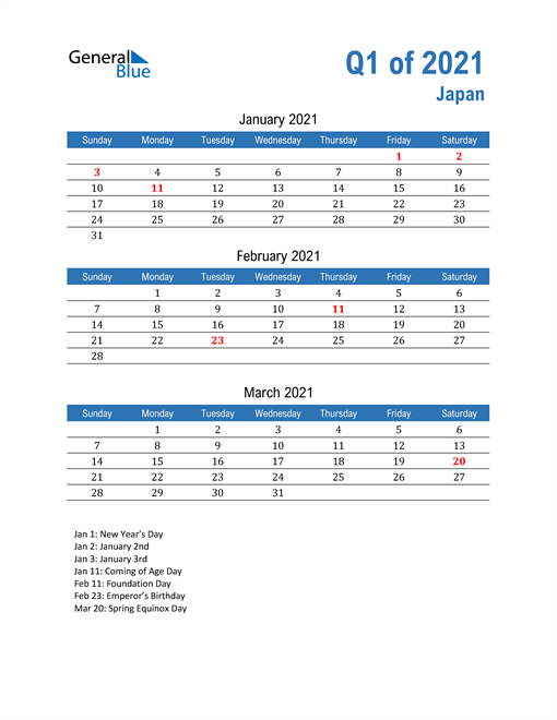  Japan 2021 Quarterly Calendar 