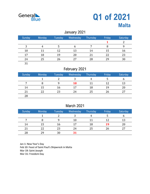  Malta 2021 Quarterly Calendar 