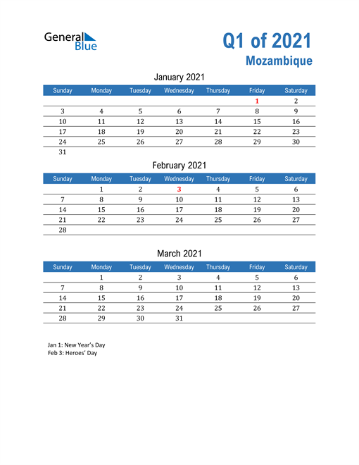  Mozambique 2021 Quarterly Calendar 