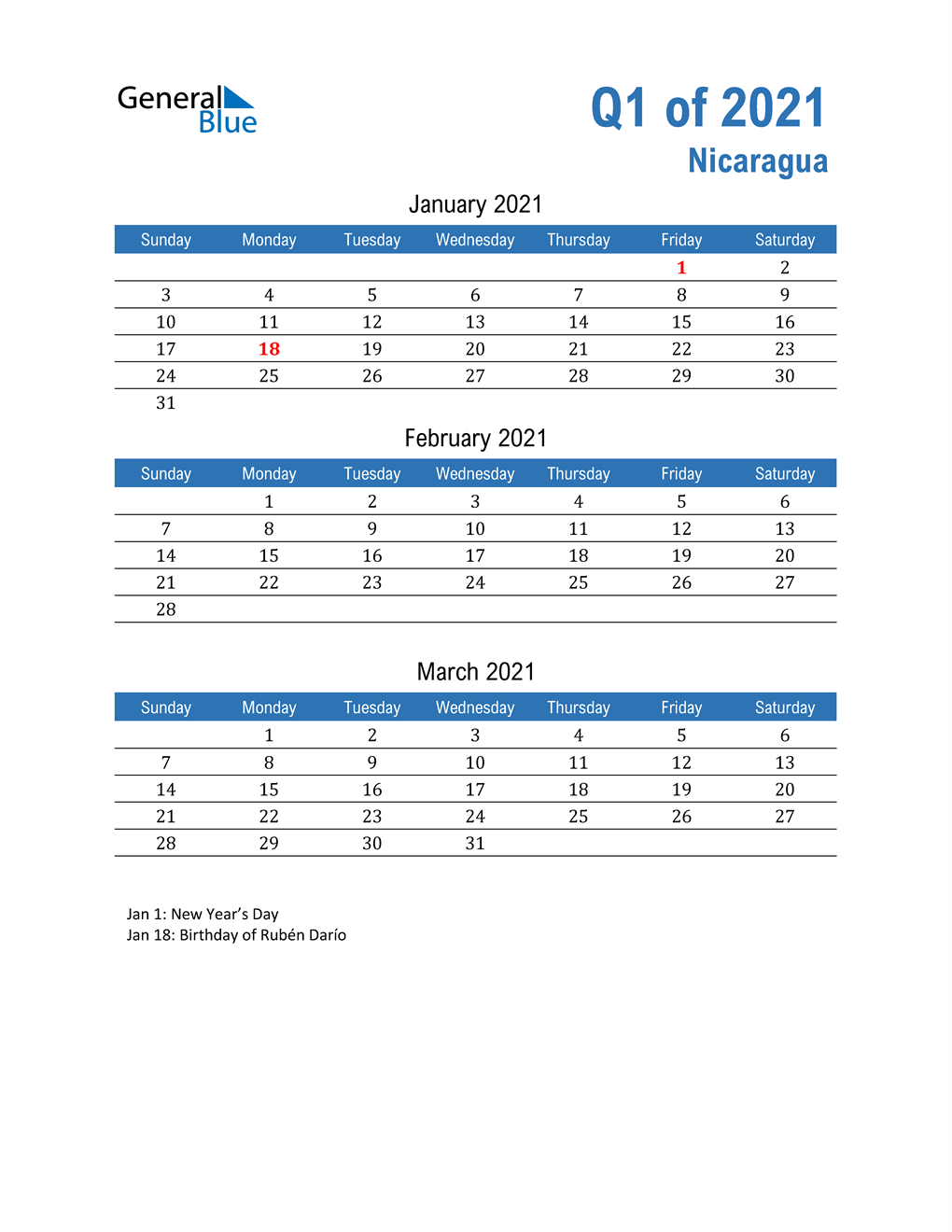  Nicaragua 2021 Quarterly Calendar 