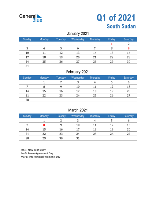  South Sudan 2021 Quarterly Calendar 