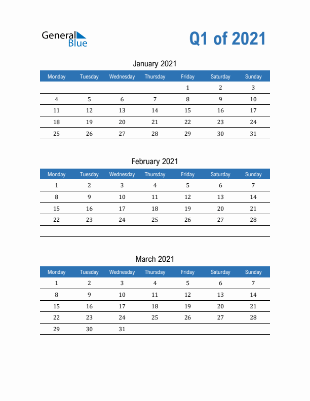 Fillable Quarterly Calendar for Q1 2021