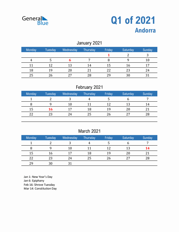 Andorra 2021 Quarterly Calendar with Monday Start