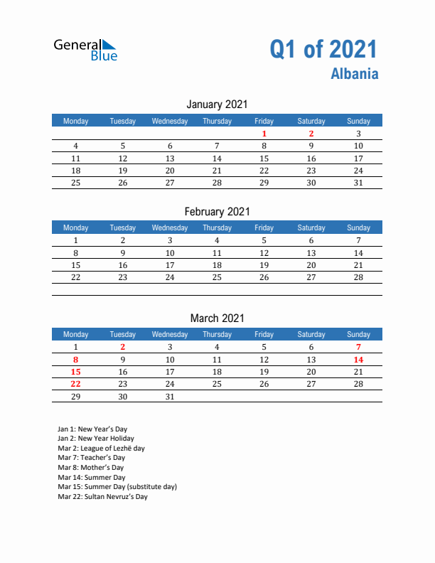 Albania 2021 Quarterly Calendar with Monday Start