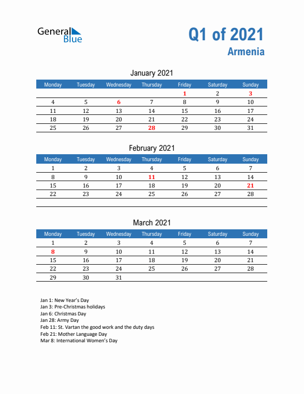 Armenia 2021 Quarterly Calendar with Monday Start