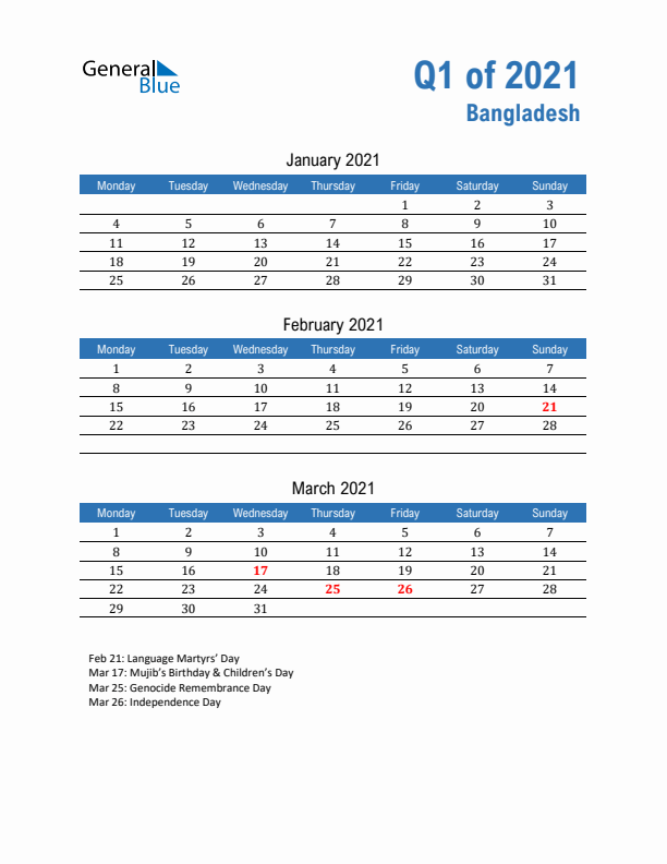 Bangladesh 2021 Quarterly Calendar with Monday Start