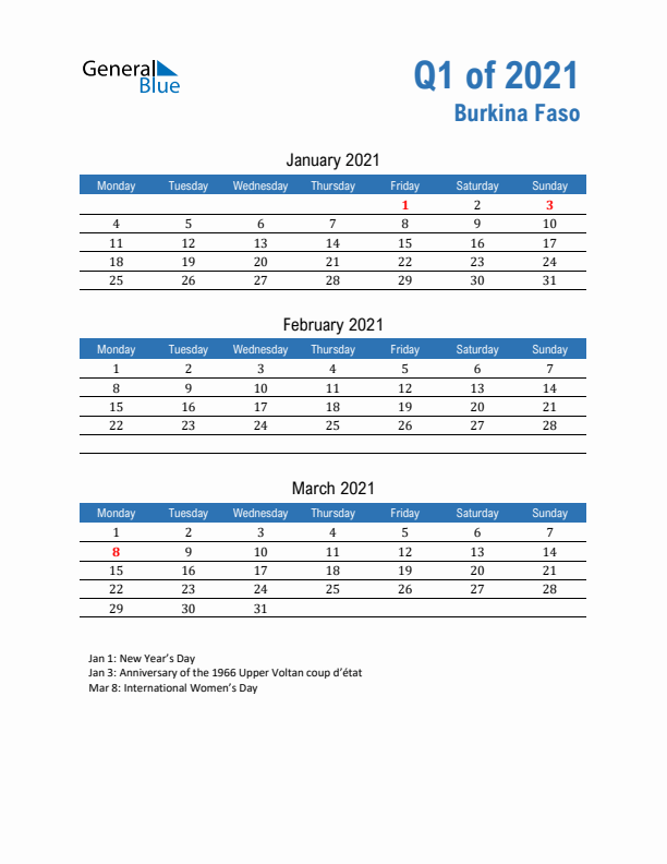 Burkina Faso 2021 Quarterly Calendar with Monday Start