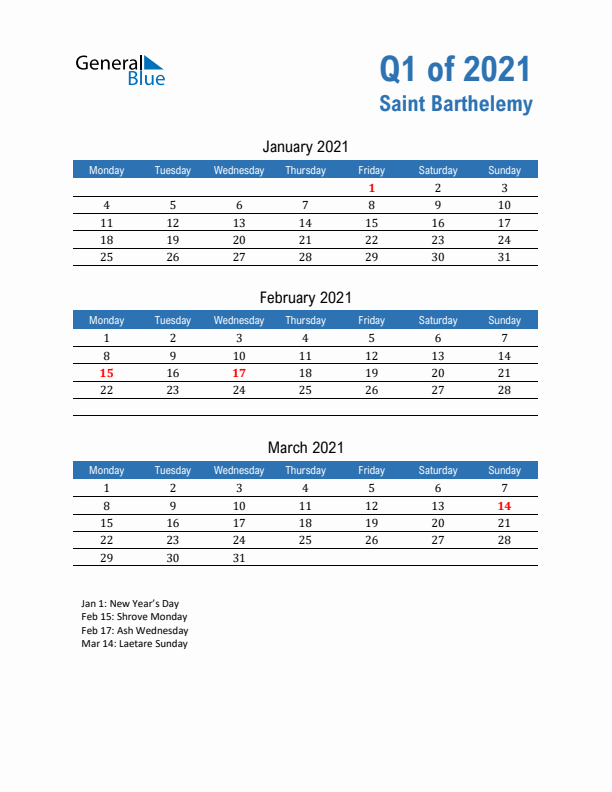Saint Barthelemy 2021 Quarterly Calendar with Monday Start
