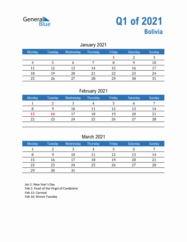 Bolivia 2021 Quarterly Calendar with Monday Start