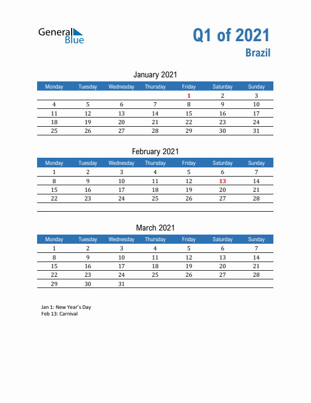 Brazil 2021 Quarterly Calendar with Monday Start