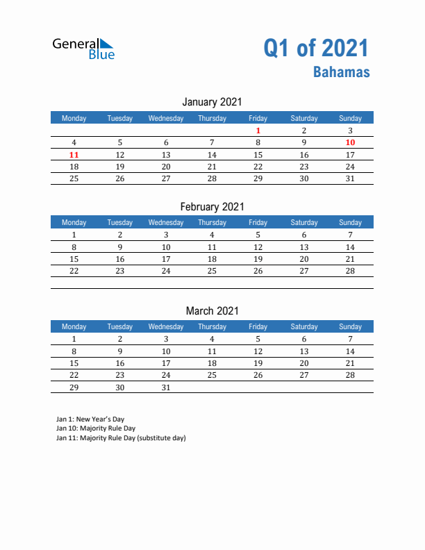 Bahamas 2021 Quarterly Calendar with Monday Start