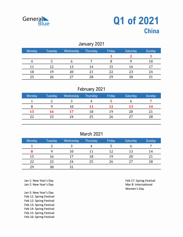 China 2021 Quarterly Calendar with Monday Start