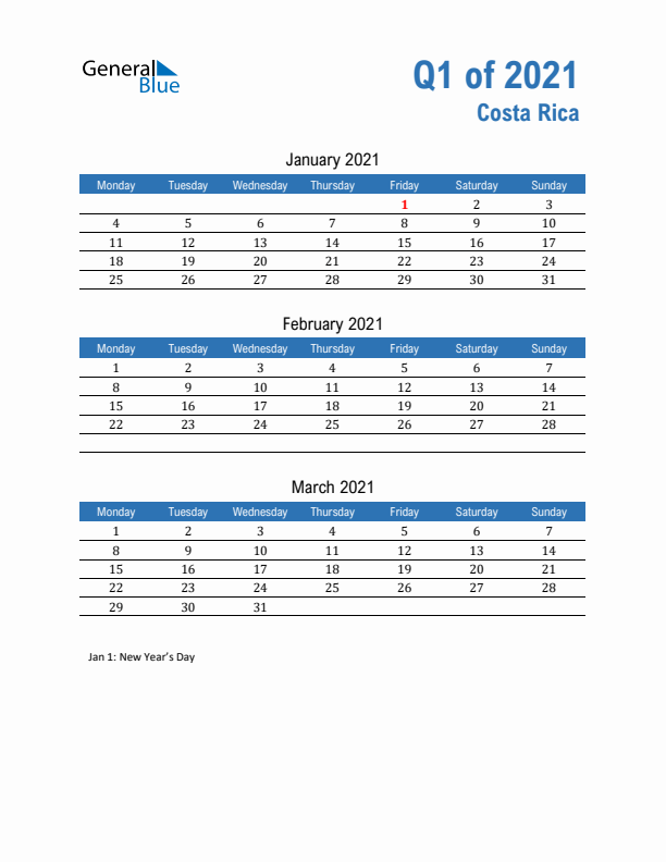 Costa Rica 2021 Quarterly Calendar with Monday Start