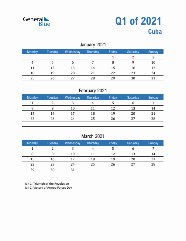 Cuba 2021 Quarterly Calendar with Monday Start