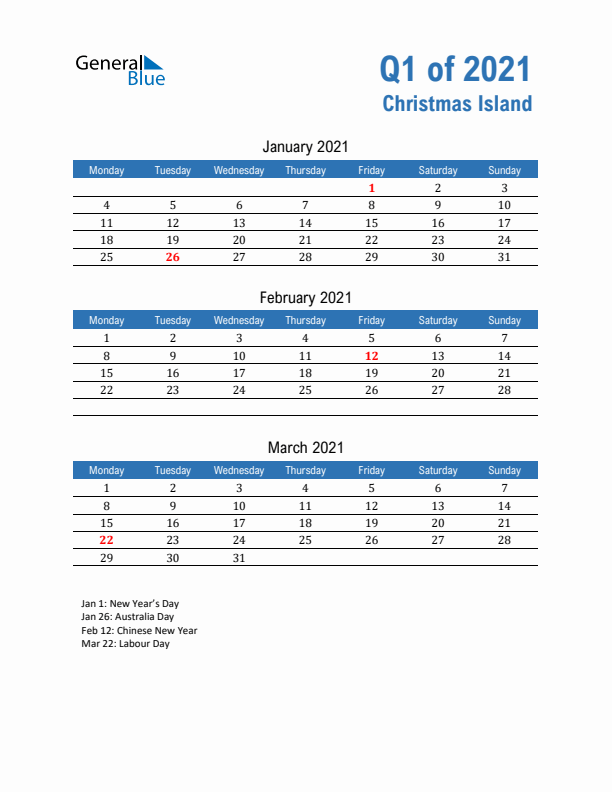 Christmas Island 2021 Quarterly Calendar with Monday Start