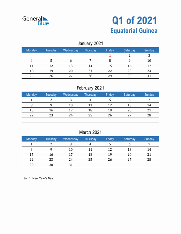 Equatorial Guinea 2021 Quarterly Calendar with Monday Start
