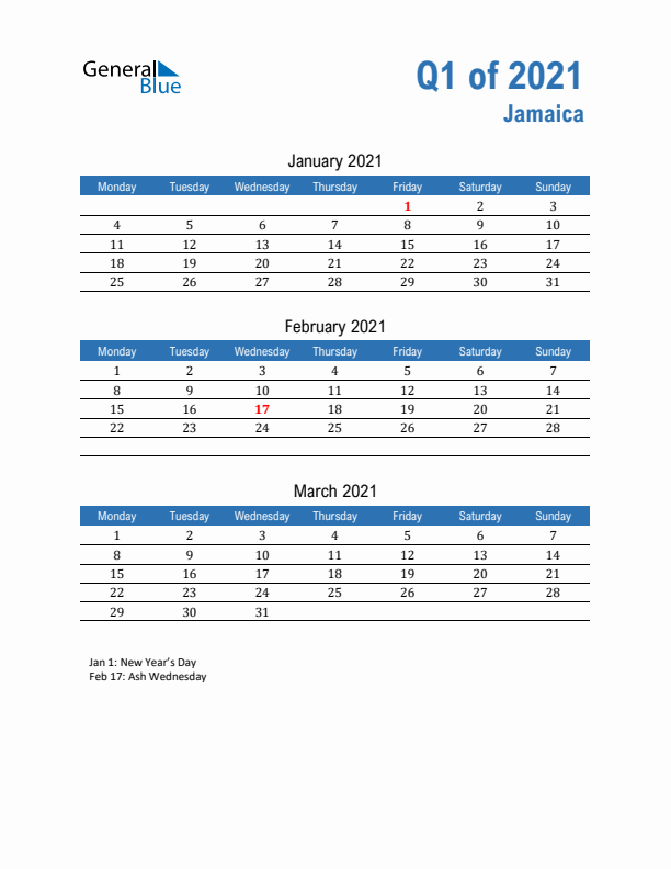 Jamaica 2021 Quarterly Calendar with Monday Start