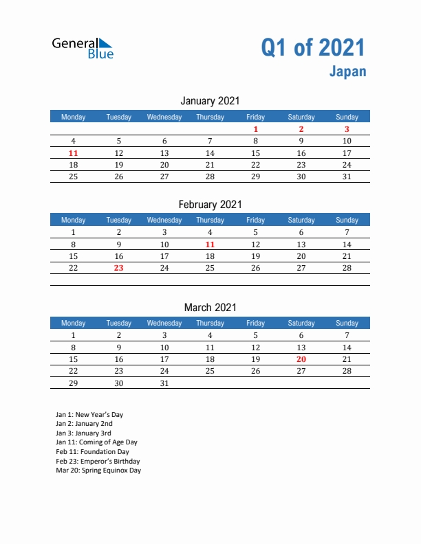 Japan 2021 Quarterly Calendar with Monday Start