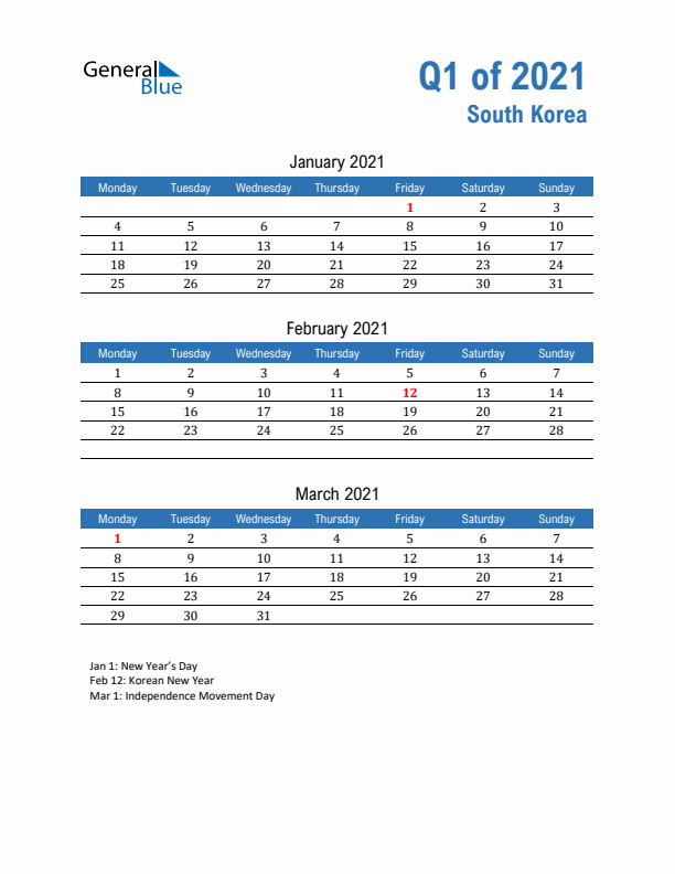 South Korea 2021 Quarterly Calendar with Monday Start