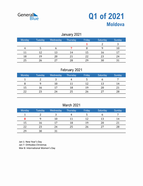 Moldova 2021 Quarterly Calendar with Monday Start